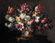 Juan de Arellano roses and other flowers in a wicker basket on a ledge oil